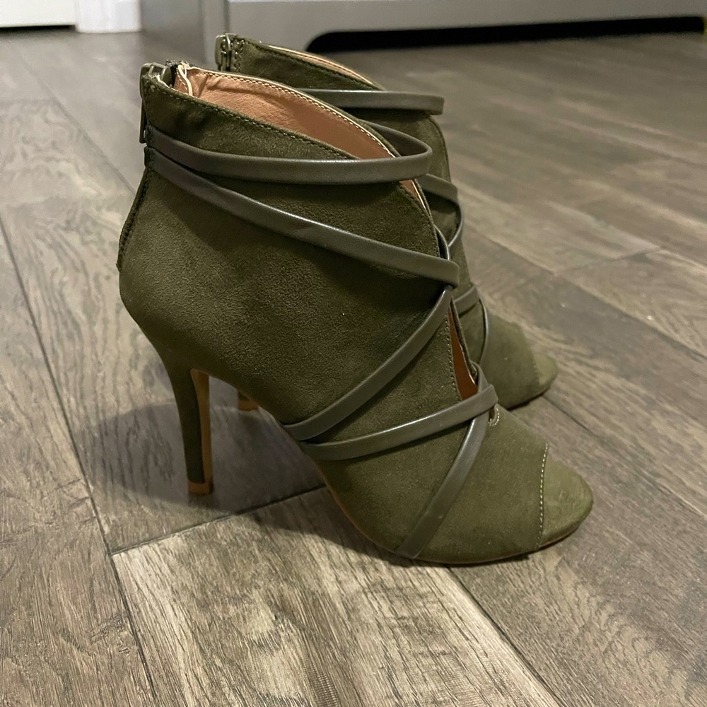 Olive Green Suede Lace-Up Heeled Booties | Open Toe Stiletto | Size 6 - Picture 4 of 10
